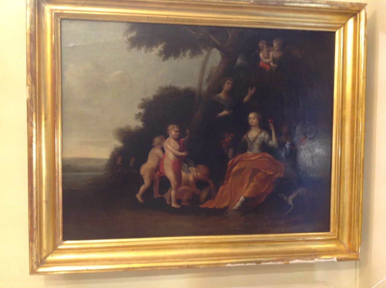 Pittura francese su tela  scena campestre con cornice dorata XVIII sec 